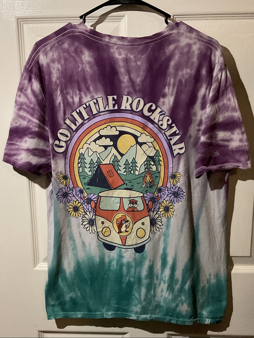 Buc-EE’s Tie-Dye Purple & Teal Graphic Camping Tee with Backhit